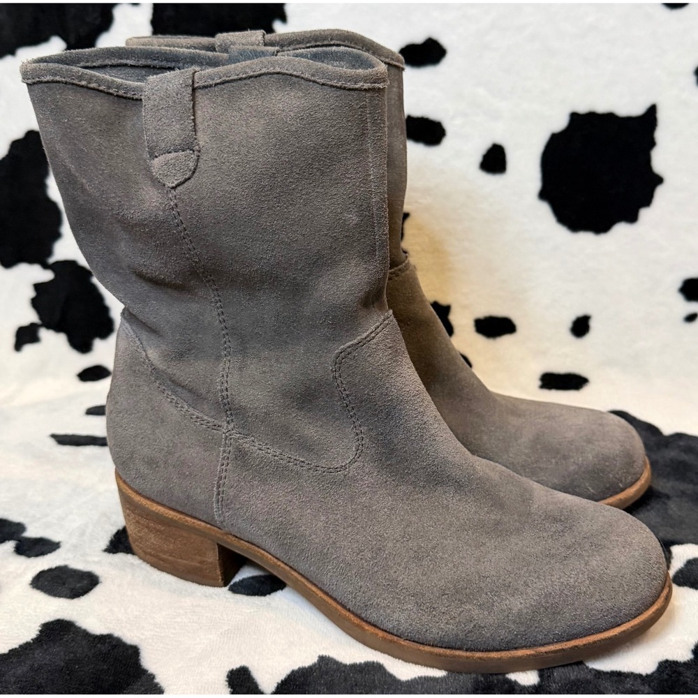 UGG Rioni Slouch Grey Suede Mid Calf Pull On Boots Womens 7 Stacked Heel